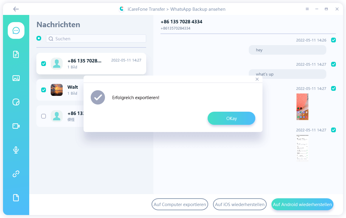 export successful icarefone for whatsapp transfer
