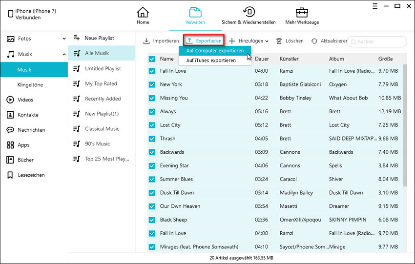 Musik auf PC exportieren