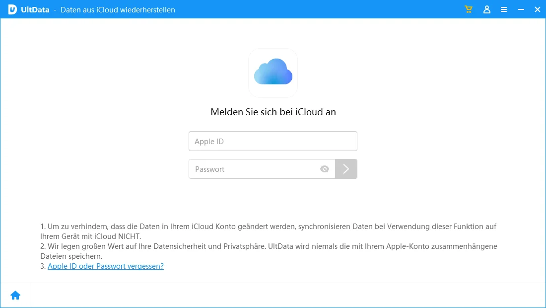 Geben Sie die Anmeldedaten für das iCloud-Konto ein