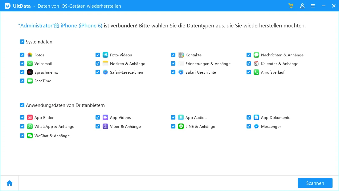 Auswahl von Datentypen zum Scannen