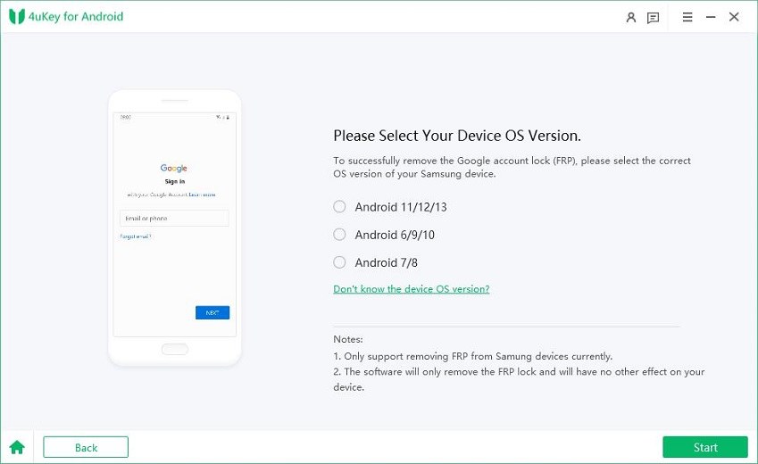 4ukey for android go back to os version selection page