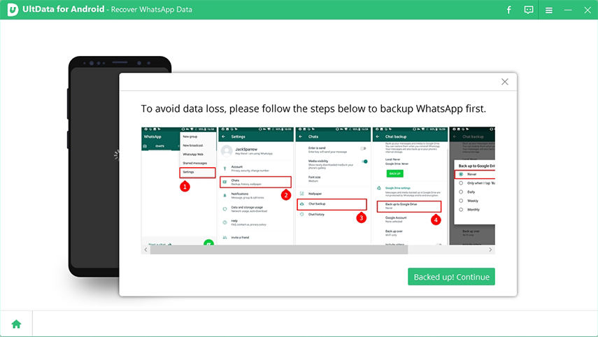 ultdata for android fordert zur Sicherung von Whatsapp auf