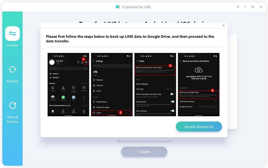 icarefone for line guide - backup line to Google Drive
