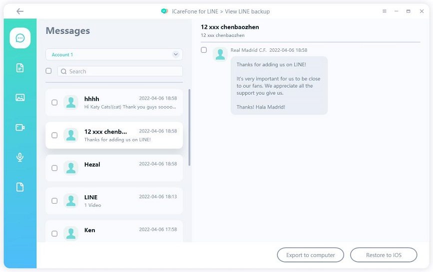 icarefone for line guide - view backup data