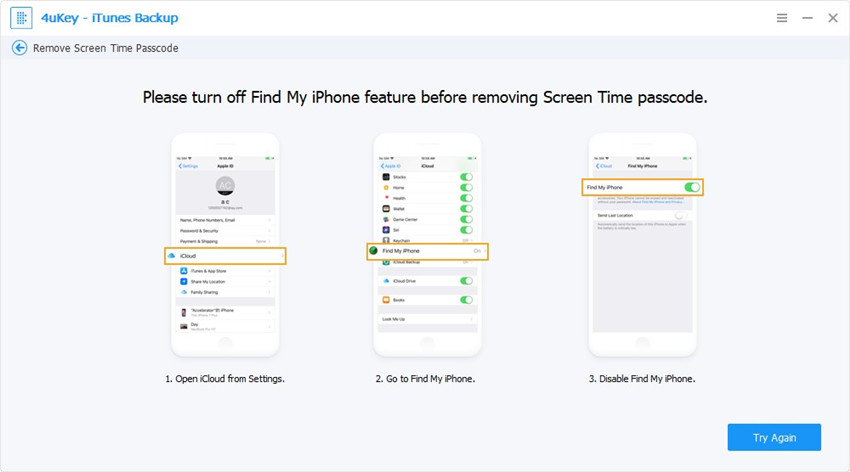 turn off find my iphone - 4ukey itunes backup