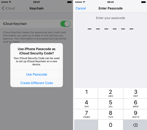 Eingabe des Passcodes auf dem iPhone für den Zugriff auf den iCloud-Schlüsselbund