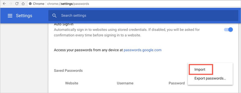 Passwort zu Chrome importieren
