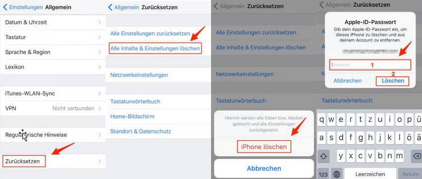 alle inhalte und einstalleungen löschen