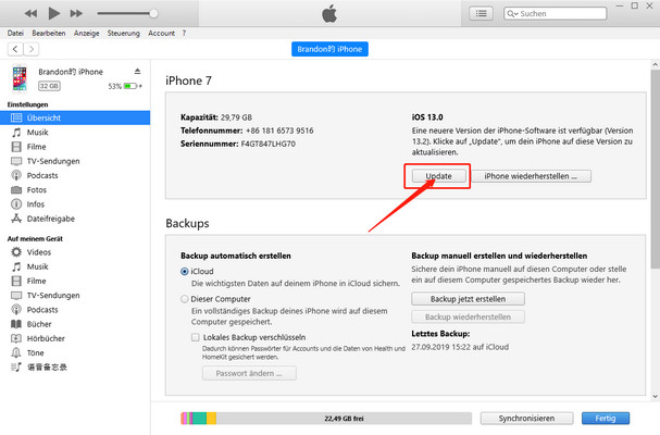 iphone iOS 13 update mit itunes