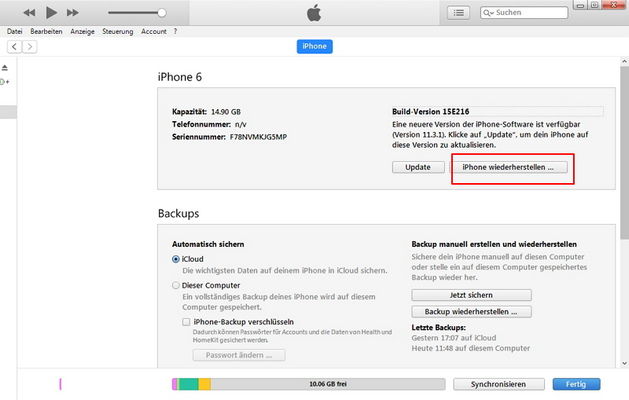iphone zurücksetzen mit itunes