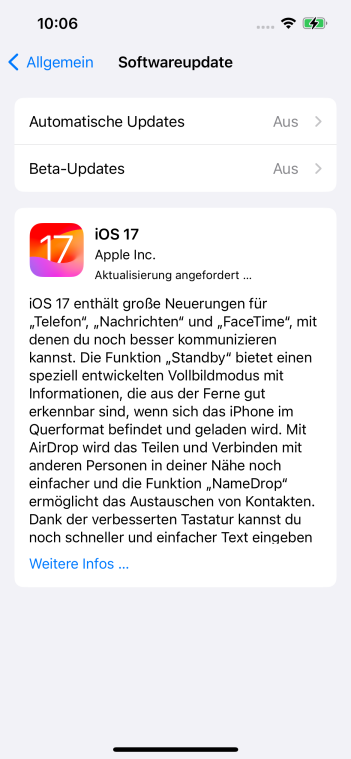 ios17 aktualisierung angefordert