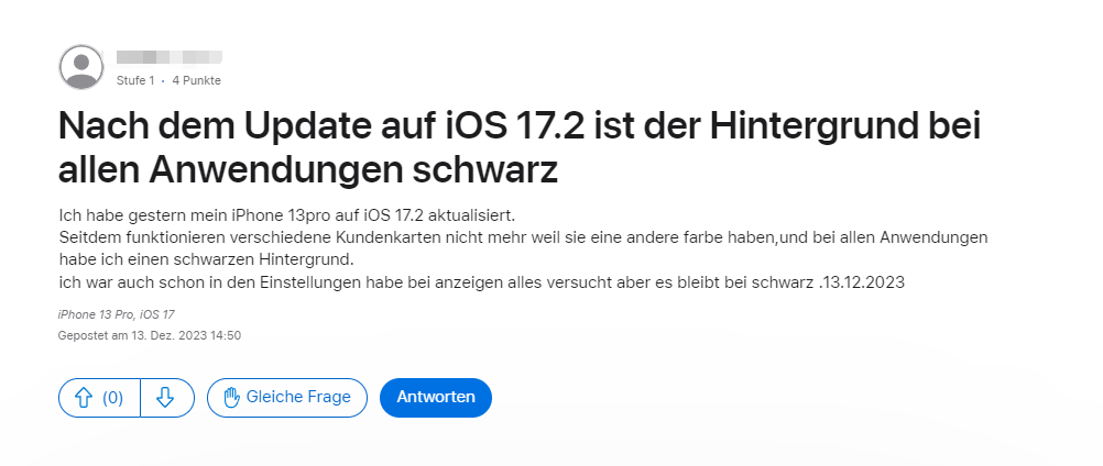 Nach dem Update auf iOS 17.2 ist der Hintergrund bei allen Anwendungen schwarz