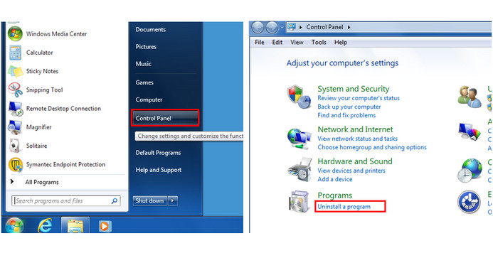 Uninstall in Windows 7