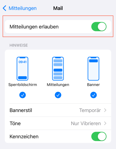 Benachrichtigungen aktivieren für Mail