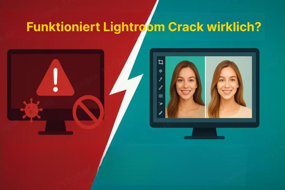 Lightroom Crack Risiko-Vergleich: links Warnsymbol und Virusmeldung, rechts sichere legale Bildbearbeitungssoftware – empfohlene Alternativen 2025