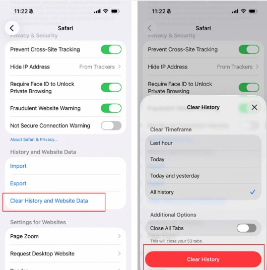 iOS 27 Safari Einstellungen zum Verlauf löschen