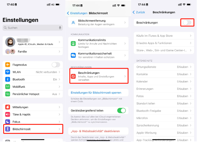 Inhalts- und Datenschutzbeschränkungen