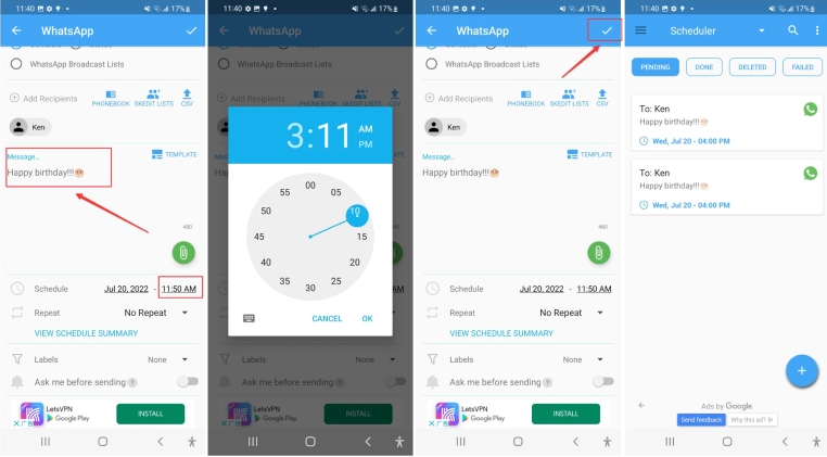 how to schedule whatsapp messages on android- finish scheduling whatsapp messages on android