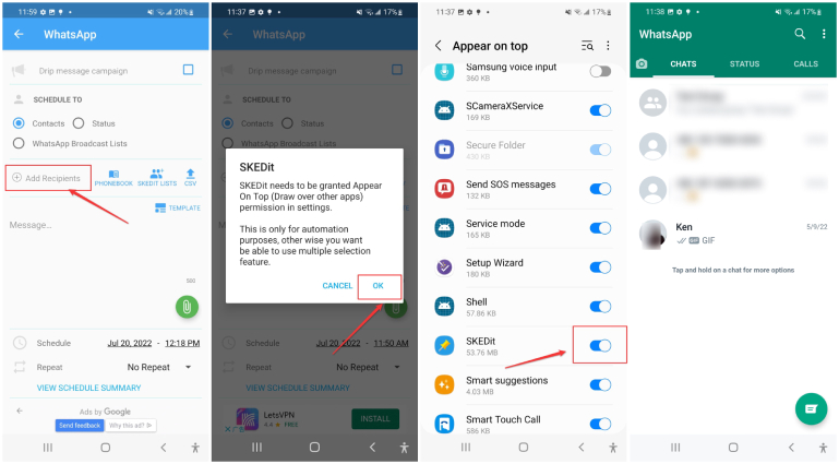 how to schedule whatsapp messages on android- select whatsapp recipients