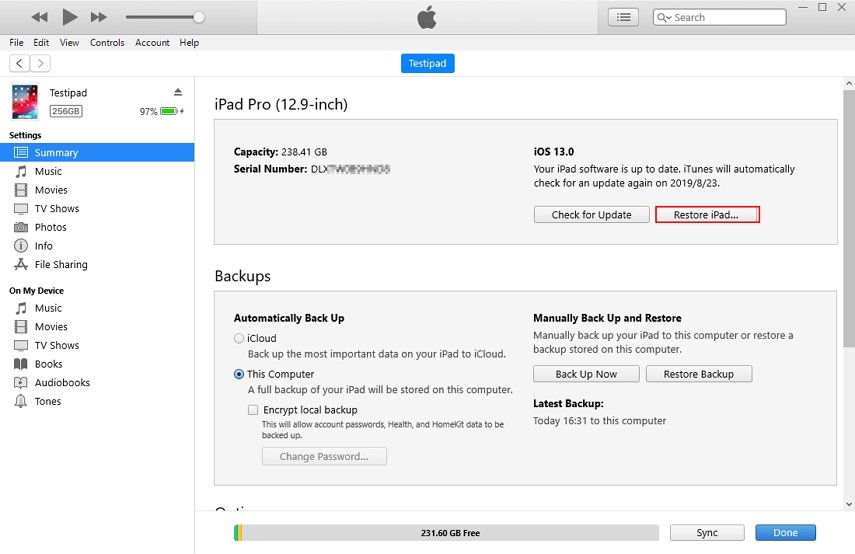 Verwenden von iTunes und Wiederherstellungsmodus auf dem iPad