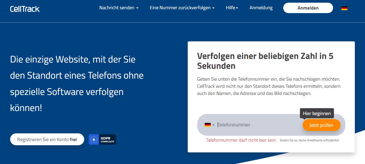 Handy mit Nummer auf der CellTrack-Website orten